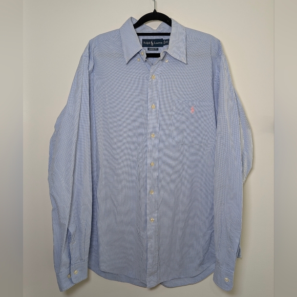 Vintage Ralph Lauren Gingham Shirt 16L Large Tall Blue Pink Pony Old Money - Picture 2 of 7